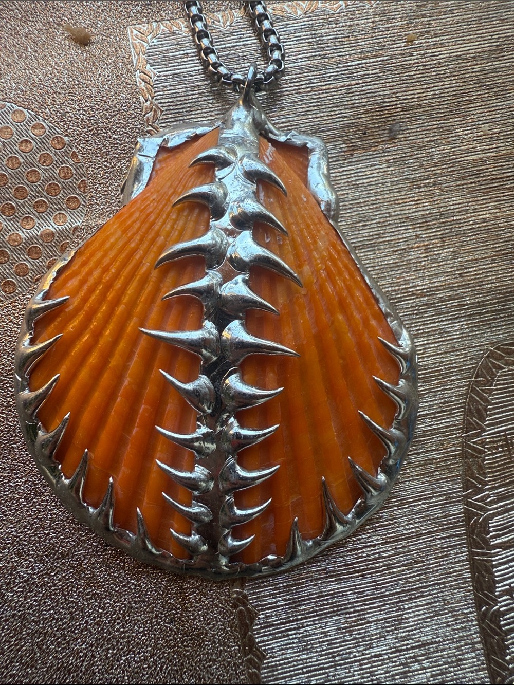 Handcrafted Orange Shell Pendant Necklace - Silver Accent
